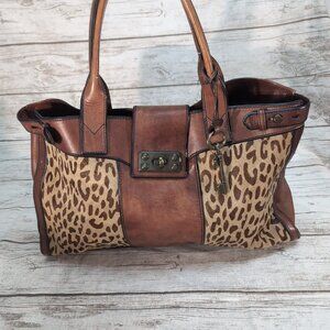 Fossil Brown Leather and Cheetah Print Weekender Tote Bag